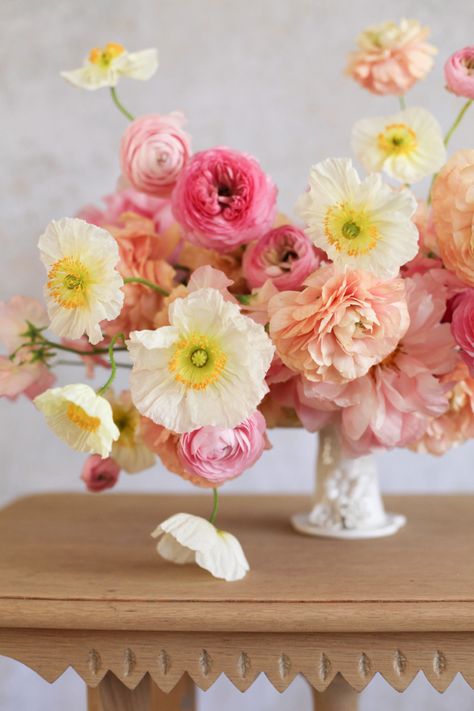 Peony Table Centerpiece, Pink And Orange Wildflower Bouquet, Pink And Peach Flowers, Pink Orange Yellow Flowers, Pink And Yellow Floral Arrangements, Cosmos Wedding Flowers, Pink And White Wedding Flowers, Peach Wedding Decorations, Whimsical Wedding Theme