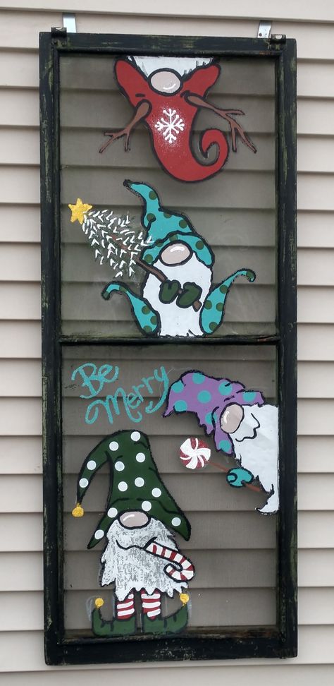 I love gnomes! Gnome Window Painting, Christmas Window Painting Diy, Christmas Gnomes Drawing, Winter Gnome Painting, Painted Gnomes, Painted Screens, Christmas Knomes, Gnome Painting, Painted Window Art