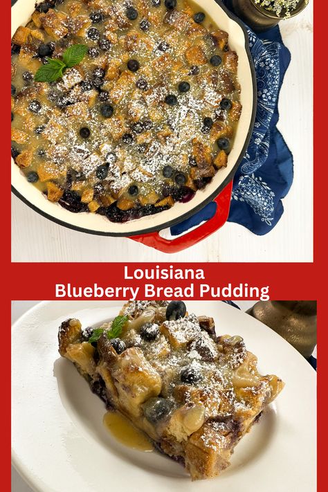 Super luscious with a vanilla sauce on top, this Louisiana blueberry bread pudding will become one of your favorite desserts upon first bite.  #louisianablueberrybreadpudding #blueberrybreadpudding #breadpuddingrecipes Bread Pudding Blueberry, Lemon Blueberry Bread Pudding Recipe, Blueberry Cheesecake Bread Pudding, Blueberry Croissant Bread Pudding, Gluten Free King Cake, Berry Bread Pudding, Blueberry Bread Pudding, Blueberry Banana Bread, Vanilla Sauce