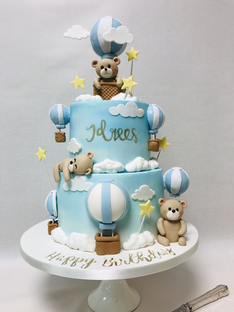 2 tier Teddy Bear & Hot Air Balloon theme 1st birthday cake Cake Hot Air Balloon Theme, 2 Tier Bear Cake, Two Tier Teddy Bear Cake, 1st Birthday Hot Air Balloon Theme, 1birthday Cake Boy, 2 Tier Birthday Cake Boy, Hotairballoon Cake, Teddy Bear Hot Air Balloon Theme, Hot Air Balloon Theme Cake