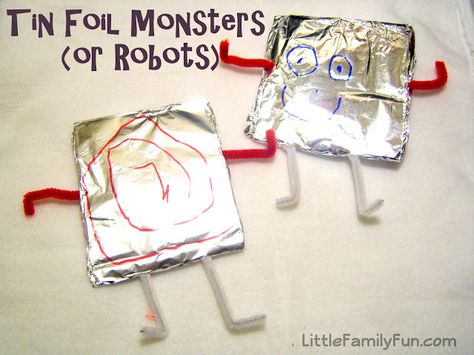 Easy monster or robot craft. Tin Foil Crafts, Tin Foil Art, Space Theme Preschool, Robot Craft, Space Crafts For Kids, Robot Theme, Activities For Boys, Halloween Activities For Kids, Tin Foil