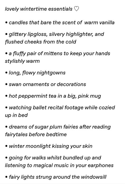 Winter Ballerina Aesthetic, Christmas Self Care Aesthetic, How To Romanticize Winter, Winter Princess Aesthetic, Essential Candles, Winter Tips, Winter Things, Winter Princess, Winter Inspo