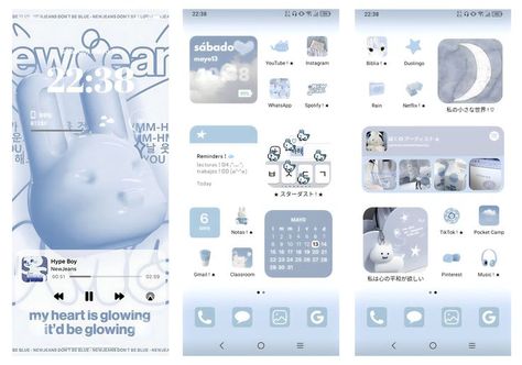 Light Blue Phone Theme Ideas, New Jeans Phone Layout, Blue Ios Layout, Newjeans Layout, Blue Iphone Layout, Blue Homescreen Layout, Cute Homescreen Layout, Blue Phone Theme, Phone Screen Layout