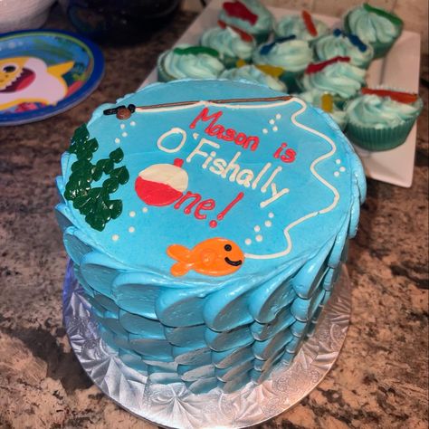 Fishing cake 
Officially one
The big one 
First birthday 
Boy first birthday ideas Bobber Birthday Cake, Officially One Birthday Cake, Ofishally One Smash Cake, O Fish Ally One Birthday Cakes, One Birthday Cake, Fish Cake Birthday, Officially One, 1st Bday Cake, Theme First Birthday