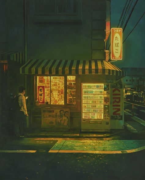 Keita Morimoto, Street Painting, Cityscape Painting, Japanese Artists, Street Scenes, After Dark, College Art, City Lights, Dark Art