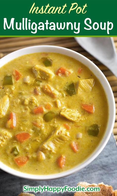 Instant Pot Mulligatawny Soup is a rich, warm, soup with a nice light Indian spice flavor. Make pressure cooker Mulligatawny Soup for a bowl of comfort food! simplyhappyfoodie.com #instantpotrecipes #instantpot #instantpotsoup #mulligatawny #instantpotmulligatawny Mulligatawny Soup Recipe, Simply Happy Foodie, Mulligatawny Soup, Indian Soup, Instant Pot Soup Recipes, Instant Pot Soup, Insta Pot, Chicken Soup Recipes, Slow Cooker Soup