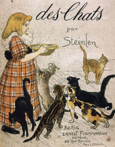 In 1898 Steinlen published the wonderful Des Chats, Images sans paroles, a large folio of 26 plates  featuring humorous cartoon sequences of playful cats getting into all sorts of trouble. Art Nouveau Cat, Art Nouveau Poster, Cat Artwork, Images Vintage, Cat Posters, Cats Illustration, Old Book, Vintage Cat, Cat Illustration