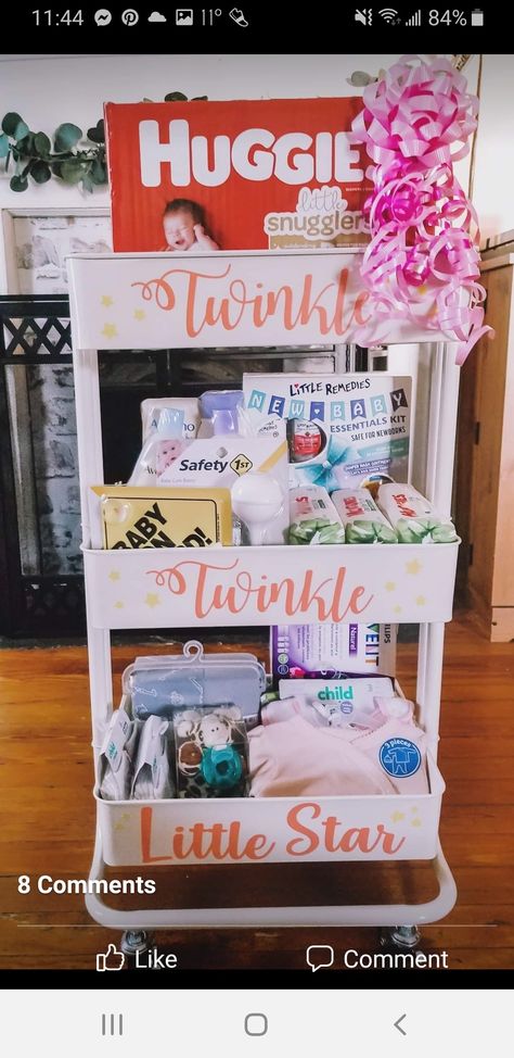 Diaper Cart Gift, Welcome Wagon Baby Shower Gift, Rolling Cart Baby Shower Gift, Baby Shower Cart, Baby Essentials Newborn, Baby Shower Gift Basket, Baby Shower Diaper Cake, Diy Baby Shower Gifts, Baby Closet