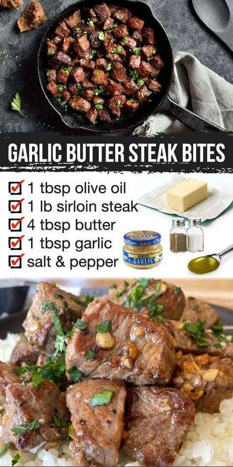 An easy skillet steak dinner recipe made with loads of butter and chopped garlic served over a bed of cauliflower rice. Naturally low carb and healthy! If you're tired of eating chicken, you've got to try making steak on your stove top. No grill required! A cast iron skillet is best, but any pan will work to make these yummy steak bites. Just about any boneless steak will do for this recipe including sirloin, rib eye, tenderloin or anything else you can get at a decent price. Steak Dinner Sides, Caveman Diet Recipes, Garlic Butter Steak Bites, Butter Steak Bites, Steak Dinner Recipes, Vegetable Side Dishes Healthy, Skillet Steak, Steak Bites Recipe, Chopped Steak