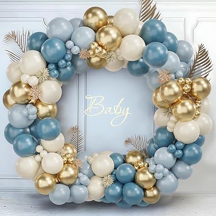 Light Blue And Gold Birthday Decorations, Baby Christening Decorations, White Gold Balloon Arch, White And Gold Balloons, Gold Balloons Decorations, Gold Balloon Arch, Balloons White, Balloons Blue, Gold Birthday Decorations