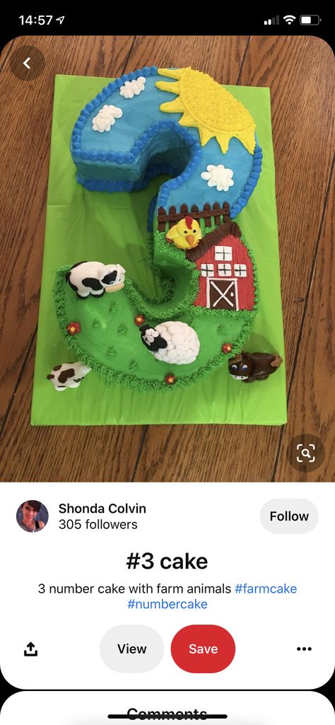 Simple Farm Theme Cake, Number 3 Cakes, Birthday Sheet Cakes, Farm Cake, 2 Birthday Cake, Number Cakes, Bday Cake, Farm Birthday, Farm Theme