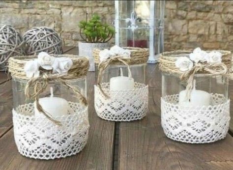 Crochet Jar Covers, Toples Kaca, Decorative Glass Jars, Deco Champetre, Pretty Candle, Diy Jar Crafts, בר מצווה, Deco Boheme, Decorated Jars