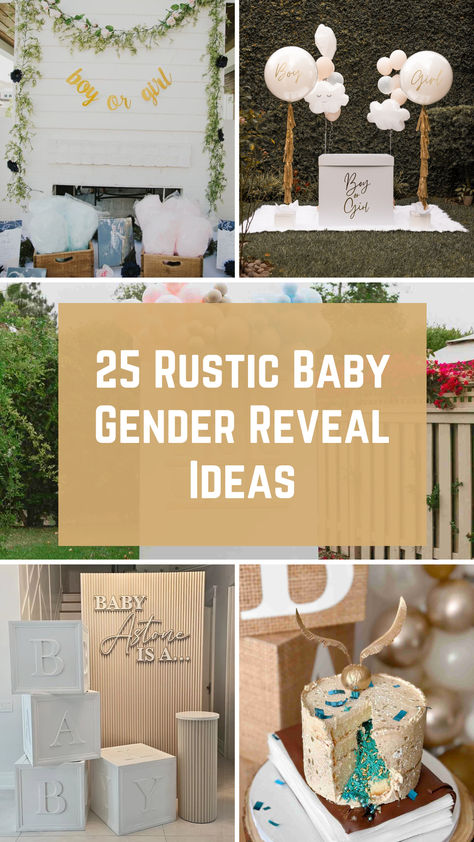 A collage of rustic baby gender reveal ideas, including charming decorations, themes, and creative announcement setups. Unisex Gender Reveal Themes, Farmhouse Gender Reveal Party, Gender Reveal Ideas Hunting, Eco Friendly Gender Reveal, Gender Reveal In Winter, Rustic Gender Reveal Ideas, Indoor Gender Reveal Photoshoot, Army Gender Reveal Ideas, Group Gender Reveal Ideas