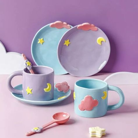 Embossed Blue Sky Cloud Ceramic Mug Ceramic Dessert, Cartoon Clouds, Ceramic Dinnerware Set, Ceramic Tea Cup, Ceramic Dinnerware, Ceramic Set, Coffee Cups And Saucers, Star Moon, Ceramic Tableware