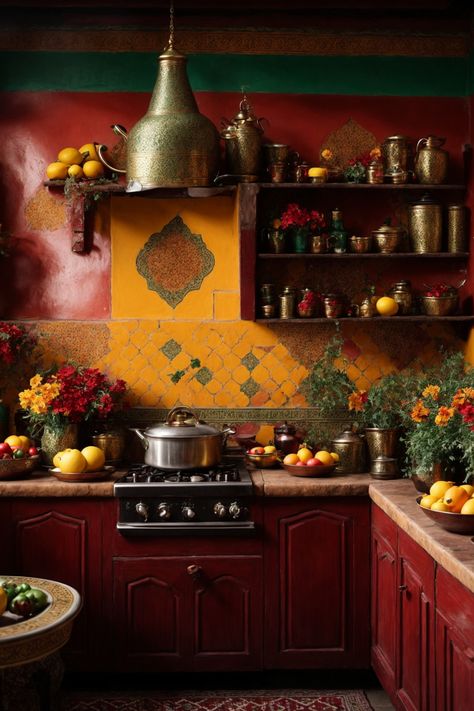 Immerse yourself in the rich tapestry of this Moroccan-inspired kitchen, a culinary haven where traditions and flavors come alive. The warm amber glow against the rustic red walls evokes an atmosphere of sunlit Moroccan markets. Detailed Zellige tiles, in cheerful yellows, adorn the backsplash, setting the backdrop for burnished brass utensils and aromatic spices. Rich mahogany cabinetry and a mosaic of colorful fruits and blossoms create a vivid contrast, making this space not just a kitchen