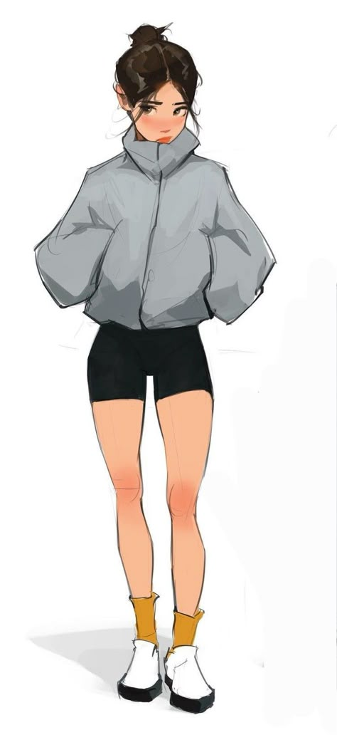 Asian Oc Drawing, Samdoesarts Sketch, Women Standing Poses Drawing, Hands In Jacket Pockets Pose Drawing, Summer Outfits Illustration, Sam Does Art References, Lazy Character Design, Full Body Character Art, Casual Pose Reference Drawing