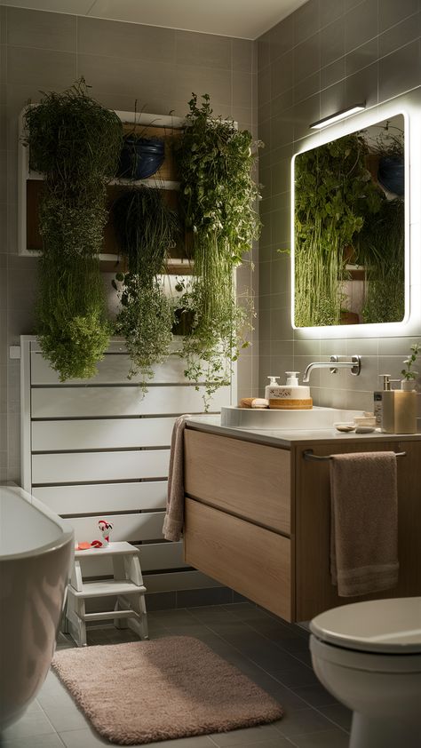 Elevate your bathroom experience by incorporating a stunning herb garden inspired by IKEA style! Perched on the sleek LILLÅNGEN wall cabinet, this green oasis not only adds a touch of nature but also freshens your space. The plush VIKFJÄRD bath mat and minimalist GODMORGON vanity create a serene atmosphere, while the whimsical BOLMEN step stool brings personality to your decor. Enjoy the gentle glow from LED mirror lighting that enhances relaxation. Ready to bring tranquility into your daily routine? Discover how to style your bathroom with greenery! #BathroomInspo #HerbGarden #IKEAStyle #SpaVibes #HomeDecor #InteriorDesign #GreenLiving Luxury Bathroom With Plants, Bathroom Plant No Sunlight, Bathroom Plants No Sunlight, Plant Bathroom Aesthetic Dark, Bathroom Inspo, Led Mirror, Garden Inspired, Wall Cabinet, Green Living