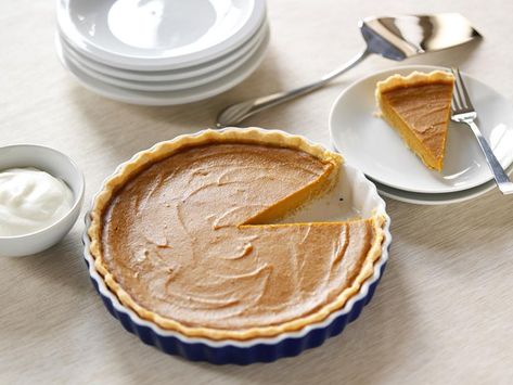 Maple Bourbon Sweet Potato Pie Recipe | Food Network Bourbon Sweet Potato Pie, Bourbon Pie, Basic Pie Crust, Bourbon Sweet Potatoes, Potato Pie Recipe, Fun Thanksgiving Desserts, Sweet Potato Pies Recipes, Maple Bourbon, Thanksgiving Pies