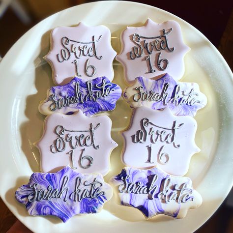 Sweet Sixteen Party Ideas Lavender, Sweet 16 Party Ideas Purple And White, Sweet 16 Party Ideas Purple And Silver, Sweet 16 Party Ideas Themes Purple And Blue, Purple Birthday Cookies, Sweet 16 Cookies Purple, Sweet 16 Cookies, Purple Quinceanera Theme, 16 Cookies