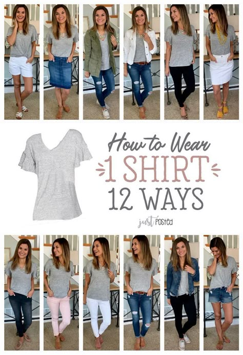 How to wear and style 1 gray shirt 12 different ways! This simple ruffle sleeve gray tee from Target is less than $17, super soft, and a perfect piece for spring and summer! It is a great shirt for a casual look or to dress up for work. This is a perfect item for a capsule wardrobe and it can be worn so many ways. Decluttering Wardrobe, Gray Shirt Outfit, Summer Capsule, Fall Outfits For Work, Fashion Capsule, Main Courses, Wardrobe Ideas, Tshirt Outfits, Clothes Ideas