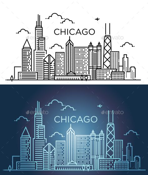 Linear banner of Chicago. Line art. Day and Night variation Hp Doodles, Chicago Skyline Drawing, Leilani Aesthetic, City Line Art, Future Artwork, Chicago Skyline Art, Mom Painting, Embroidery Pen, Skyline Drawing