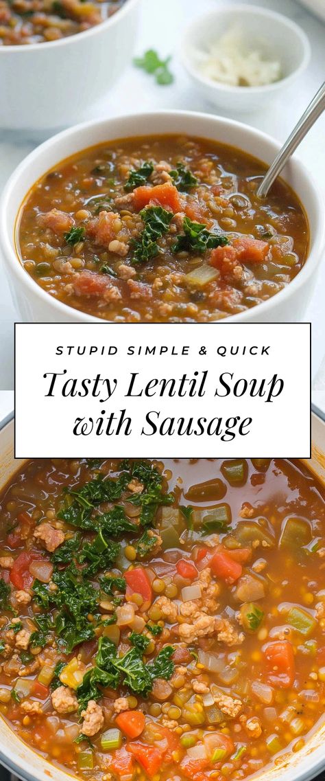 Image for Tasty Lentil Soup with Sausage Chicken Sausage Soup Recipes, Lentil And Sausage Soup, Lentil Soup With Sausage, Crockpot Recepies, Sausage Lentil Soup, Lentil Sausage, Creamy Lentil Soup, Sausage Lentil, Lentils And Sausage