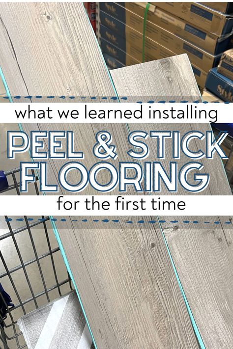 Peel and stick flooring in cart with text overlay what we learned installing peel and stick flooring for the first time. Budget Flooring Ideas, How To Install Vinyl Plank Flooring, Peel And Stick Vinyl Flooring, Concrete Floors Diy, Peel And Stick Flooring, Easy Flooring, Peel And Stick Floor Tile, Inexpensive Flooring, Flooring Diy