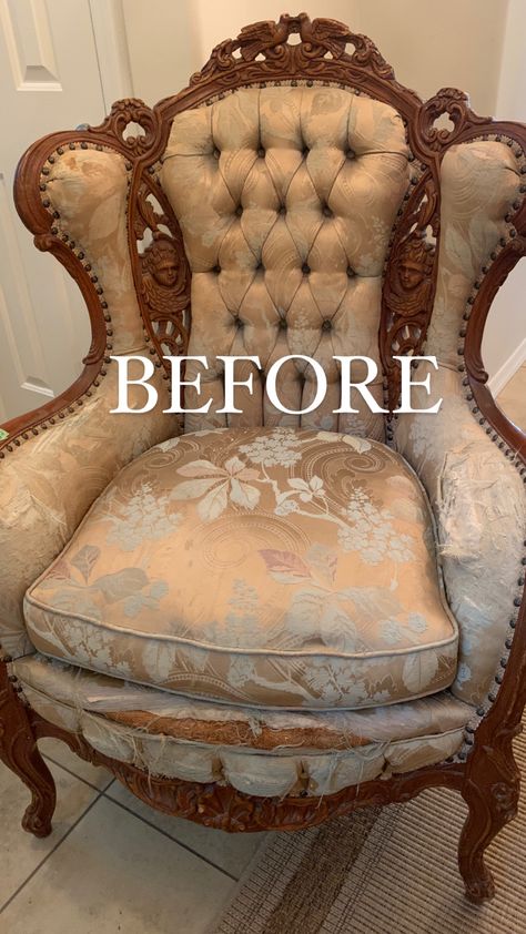 DIY Upholstery Antique Chairs Reupholstered Fabric, Antique Setee Makeover, Upholstered French Chairs, Antique Upholstered Chairs, Reupholster Victorian Chair, Reupholster Tufted Chair, Reupholstered Chairs Before And After, Reupholstered French Chair, Soda Blasting Wood Furniture