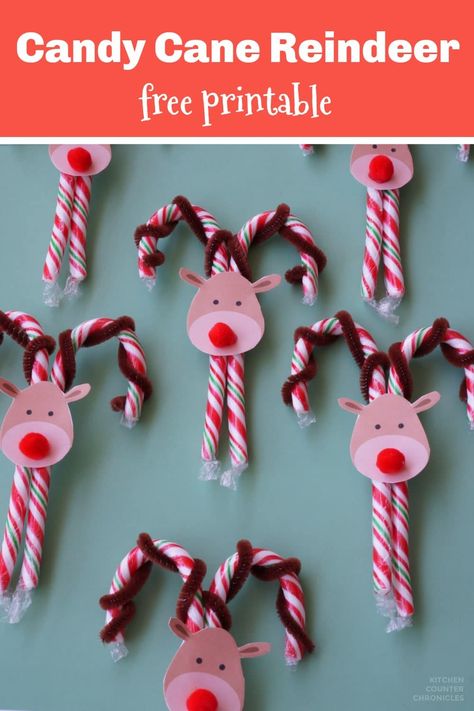 How cute are these candy cane reindeer? A super simple reindeer craft to A super cute and easy to make candy cane reindeer craft. Complete with the free printable reindeer faces. Make a candy cane Rudolph and the whole reindeer team #candycanereindeer #reindeercraft #rudolphcraft #christmascraft #ediblegift #christmasgift #homemadegift #kitchencounterchronicles Christmas Crafts With Candy, Candy Cane Reindeer Craft For Kids, Candy Cane Rudolph Reindeer, Candy Cane Ideas Christmas, Crafts With Candy Canes, Christmas Grams Fundraiser, Winter Candy Grams, Candy Grams Christmas, Reindeer Candy Canes