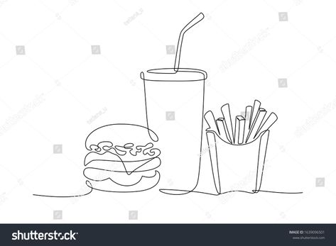 Burger, soda and french fries takeout food in continuous line art drawing style. Fast food minimalist black linear ske #Ad , #AD, #continuous#food#line#drawing Food Minimalist Drawing, One Line Drawing Food, French Fries Tattoo, Fries Tattoo, Food Line Drawing, Fork Tattoo, Food Line Art, Food Minimalist, F Tattoo