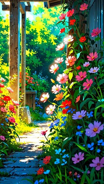 Garden Concept Art, Flower Garden Illustration, Anime Garden, Spring Anime, Anime Spring, Colorful Flower Garden, Peaceful Backgrounds, Anime Flower, Garden Illustration