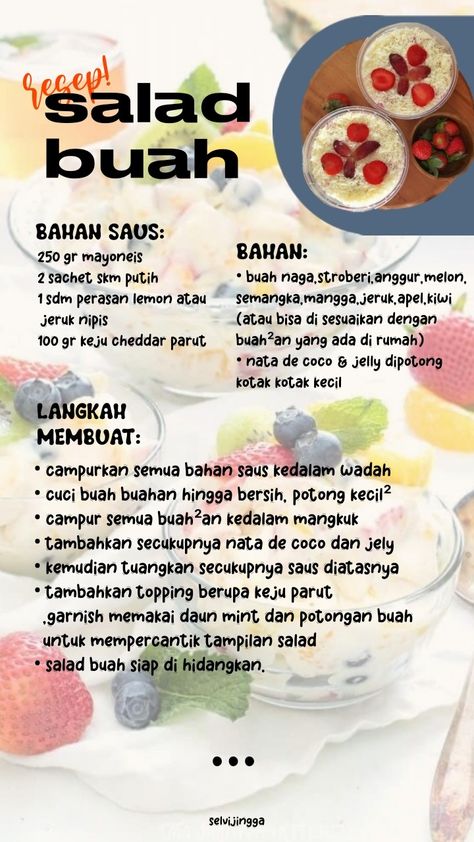 Cara Membuat Salad Buah, Resep Salad, Food Receipt, Resep Diet, Sleepover Food, Pretty Dessert, Food Combining, Dessert Salads, Delicious Snacks Recipes