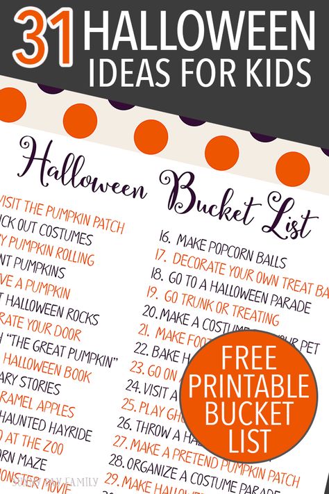 Countdown to Halloween with an activity for every day in October! Fun, easy and classic Halloween activities for kids & families. Includes a free printable Halloween bucket list! Samhain Activities, Halloween Ideas For Kids, Family Activities Preschool, Halloween Bucket List, Countdown Activities, Countdown To Halloween, Halloween Resources, October Activities, Free Printable Halloween