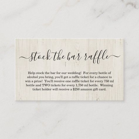 Stock the Bar Raffle Card Bridal Shower Invitation Rustic Wood Backdrop, Wood Background Design, Light Wood Background, Wedding Invitation Inserts, Rustic Light, Raffle Ticket, Wood Backdrop, Elegant Calligraphy, Raffle Tickets