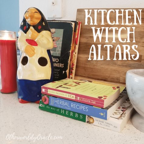 Hearth Witch Altar, Kitchen Altar Ideas, Kitchen Witch Altar Ideas, Witch Alter Set Up, Kitchen Alter, Witch Altar Ideas, Kitchen Witch Altar, Catholic Witch, Kitchen Witch Aesthetic