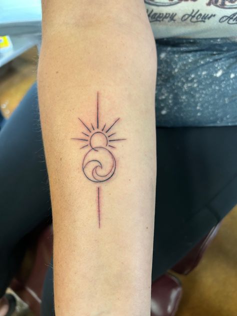 Sun and wave tattoo Sun And Wave Tattoo, Wave And Sun Tattoo, Beach Inspired Tattoos, Cat Outline Tattoo, Beach Tattoo Ideas, Wave Tattoo Design, Cat Outline, Sea Tattoo, Outline Tattoo