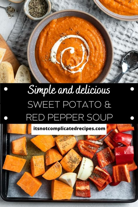 My Roasted Sweet Potato and Red Pepper Soup is so comforting to eat and full of vibrant flavours. The delicious vegetables are seasoned and roasted to perfection then blended with vegetable stock, producing a smooth, comforting bowl of soup that is both vegan and gluten-free. Roasted Red Pepper Sweet Potato Soup, Fall Comfort Soups, Red Pepper And Sweet Potato Soup, Roasted Vegetable Puree Soup, Roast Pepper Soup, Roasted Peppers Soup, Sweet Potato And Pepper Soup, Sweet Potato Red Pepper Soup, Red Pepper Sweet Potato Soup