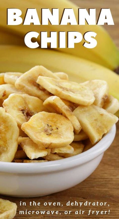 Homemade Banana Chips are a healthy, inexpensive, and easy snack the entire family will love. Fresh bananas are sliced and dried in a dehydrator, oven, microwave or air fryer! Baked Banana Chips, Homemade Banana Chips, Banana Chips Recipe, Air Fryer Oven Recipes, Air Fry Recipes, Air Fryer Dinner Recipes, Banana Chips, Baked Banana, Chips Recipe