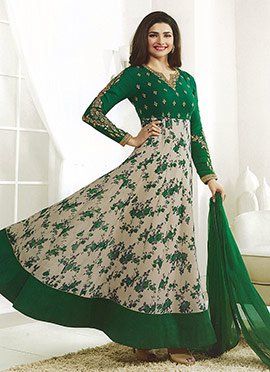 Prachi Desai Green N Beige Georgette Abaya Style A Georgette Suits, Prachi Desai, Latest Salwar Suits, Georgette Anarkali, Designer Anarkali Suits, Ethnic Gown, Indian Salwar Kameez, Suits Dress, Salwar Kameez Online