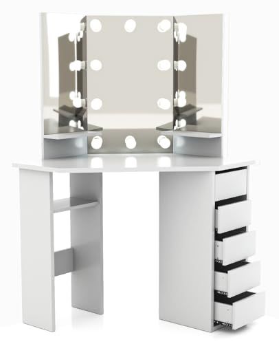 Bedroom Makeup Table, Corner Makeup Vanity, White Vanity Table, White Vanity Desk, Lighted Mirrors, Vanity Desk With Mirror, Desk With Mirror, Makeup Vanity Desk, Corner Vanity