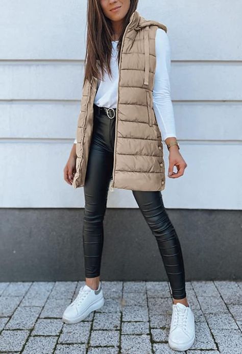 https://pin.it/529EWsaXe Trendy Puffer Vest Outfit, Long Vests Outfit, Outfit Ideas With Vests Fall Fashion, Long Vest Outfits For Women Winter, Beige Gilet Outfit Women, Neutral Puffer Vest Outfit, Long Puffy Vest Outfits For Women, Long Vest Outfits For Women Casual, Down Vest Outfit Womens