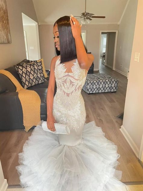 Silver Hoco Dresses Black Women, Crystal White Prom Dress, Light Pink Prom Dress Black Women, Baddie Prom Dresses Silver, Sliver Prom Dresses Black Women, Prom Dresses Black Girls Slay, Prom Inspiration, Senior Prom Dresses, Prom Girl Dresses