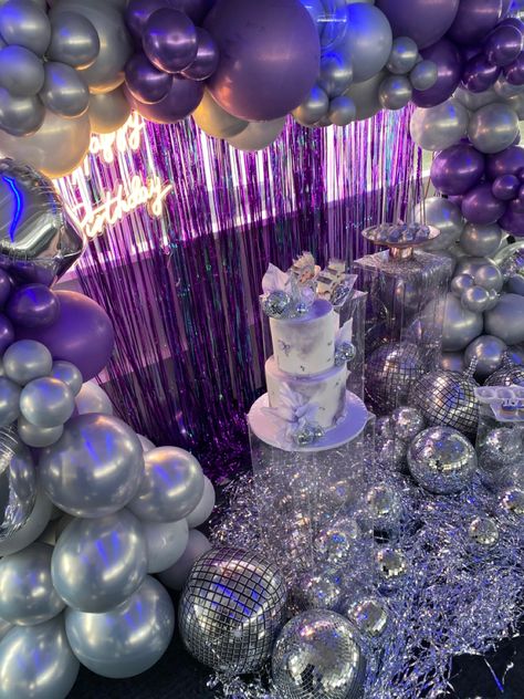 Purple And Silver Themed Birthday Party, Silver And Purple Party, Euphoria Birthday Backdrop, Euphoria Themed Cake, Purple B Day Party, Purple And Silver Birthday Party Decor, 18th Birthday Euphoria Theme, 16 Birthday Party Ideas Purple And Silver, Euphoria Cake