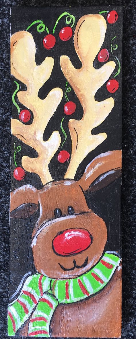 Rudolph Painting Canvas, Reindeer Painting On Wood, Rudolph Painting, Painting Reindeer, Kids Christmas Painting, Reindeer Painting, Painted Reindeer, Bauble Ideas, Christmas Cds