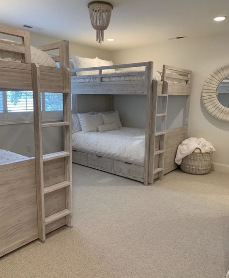 Bumpbeds Room Ideas, 4 People Bedroom, Nice Bunk Beds, Guest Bedroom For Multiple People, Cottage Bunk Room Ideas, Lake House Bunk Beds, 4 Beds One Room, Grandkid Room Ideas, 2 Sets Of Bunk Beds Room Ideas