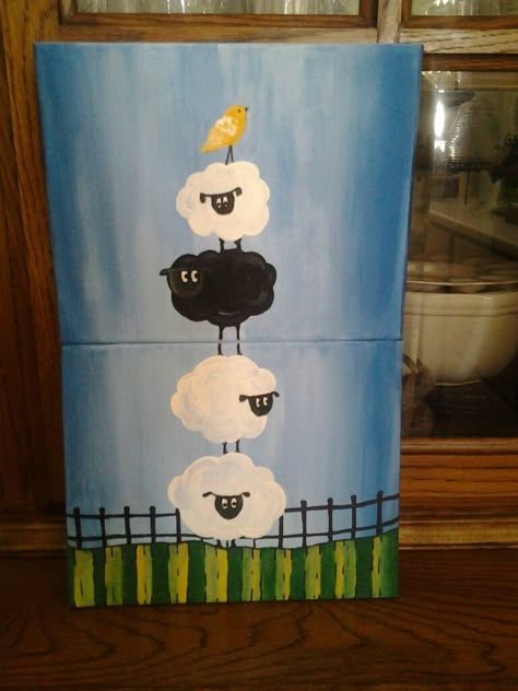 Sheep Paintings Easy, Painting Sheep Easy, Lamb Painting Easy, Counting Sheep Painting, Sheep In Pasture Painting, Baby Canvas, Sheep Paintings, Diy Pottery Painting, Kid Projects