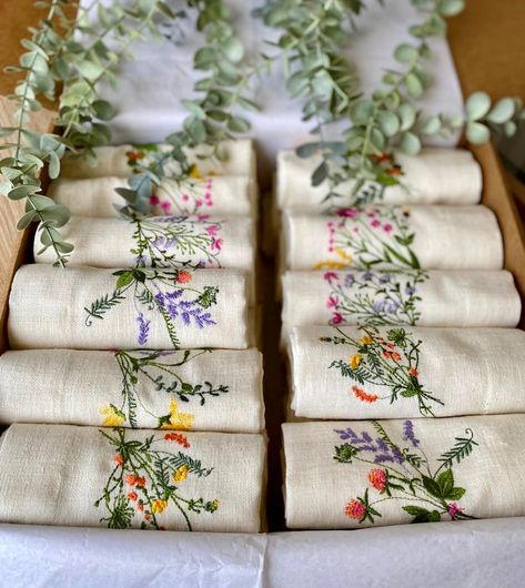 Embroidered Wildflower Napkins Easter Decor Botanical Embroidery Backyard Wedding Housewarming Gift Set Wildfower Party Napkins - Etsy Flowers On Napkins Place Settings, Wildflower Place Setting, Summer Wedding Embroidered Floral Fabric, Wedding Embroidered Napkins, Hand Embroidered Wildflowers, Wildflower Napkins, Embroidered Napkins Birds Flowers, Embroidery Napkins, Wildflower Wedding Theme