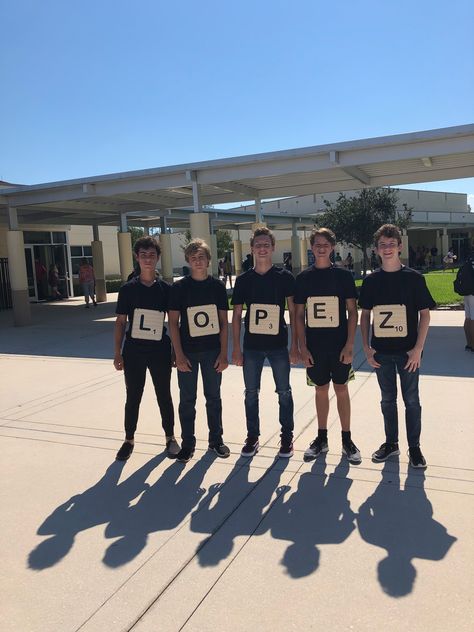 Homecoming Spirit Week -   Scrabble Group Costume idea.  Very Easy Scrabble Day Spirit Week, Adult Family Poses, Work Costumes, Homecoming Spirit Week, Spirit Day, Homecoming Spirit, Family Poses, Student Council, Group Costumes