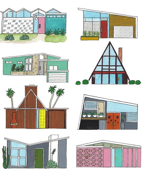 Mid Century Modern Houses Mid Century Modern Houses, Architecture Mid Century, Mid Century Modern House Exterior, Watercolor Houses, Mid Century Exterior, Midcentury House, Modern Architecture Interior, Mid Century Architecture, Modern Watercolor