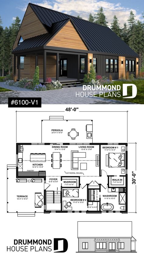 2 Bedroom Chalet Plans, Drummond House Plans Modern, Small But Spacious House Plans, Small Basement House Plans, House Basement Design, 2 Bedroom Mountain House Plans, One Bedroom Modern House Plans, House Plans No Basement, Scandinavian Cabin Floor Plans